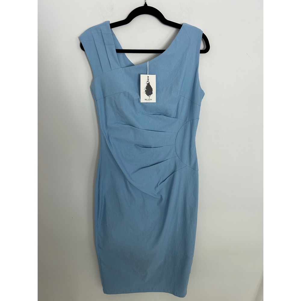 MUXXN Light Blue NWT Asymmetrical Pleated Ruched Sheath Midi Dress Womens Large